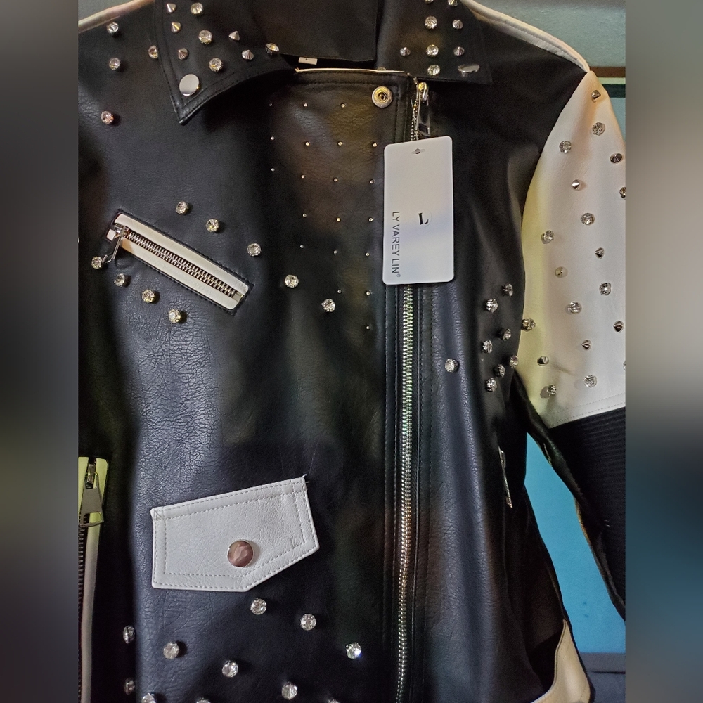 Women’s Studded Faux‑Leathe Studded Black and White Women's Jacket